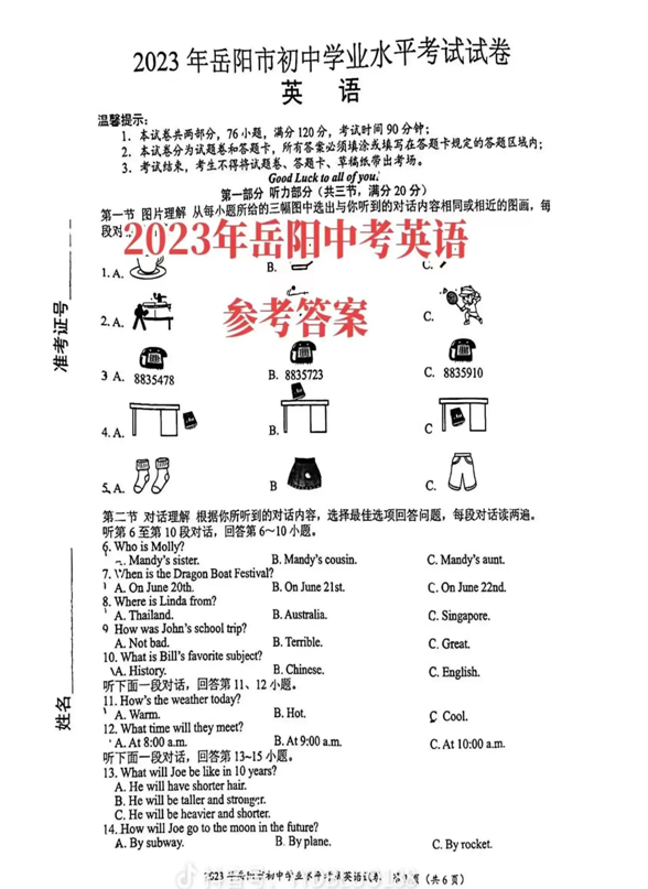 2024年岳陽(yáng)中考英語(yǔ)試卷真題及答案解析